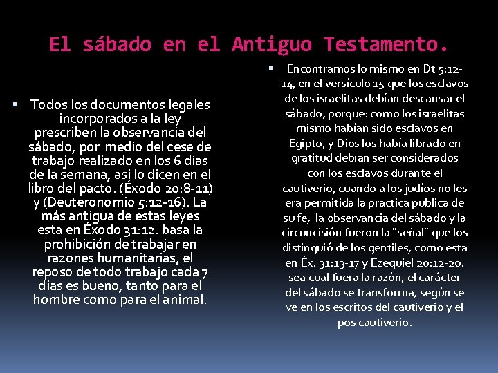 El sábado en el Antiguo Testamento. Todos los documentos legales incorporados a la ley