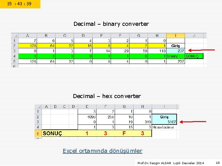 Decimal – binary converter Decimal – hex converter Excel ortamında dönüşümler Prof. Dr. Sezgin Decimal – binary converter Decimal – hex converter Excel ortamında dönüşümler Prof. Dr. Sezgin