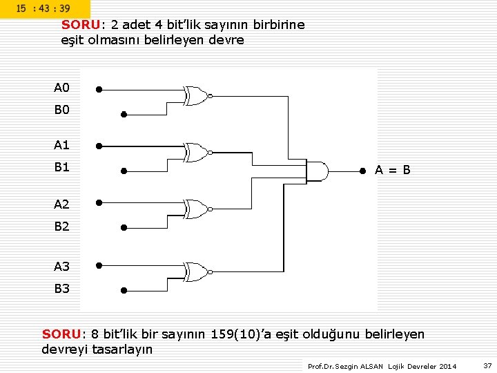 SORU: 2 adet 4 bit’lik sayının birbirine eşit olmasını belirleyen devre A 0 B SORU: 2 adet 4 bit’lik sayının birbirine eşit olmasını belirleyen devre A 0 B