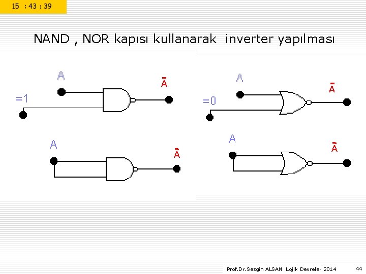 NAND , NOR kapısı kullanarak inverter yapılması A A Prof. Dr. Sezgin ALSAN Lojik NAND , NOR kapısı kullanarak inverter yapılması A A Prof. Dr. Sezgin ALSAN Lojik