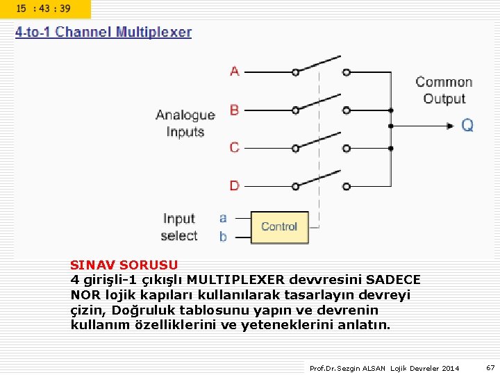SINAV SORUSU 4 girişli-1 çıkışlı MULTIPLEXER devvresini SADECE NOR lojik kapıları kullanılarak tasarlayın devreyi SINAV SORUSU 4 girişli-1 çıkışlı MULTIPLEXER devvresini SADECE NOR lojik kapıları kullanılarak tasarlayın devreyi