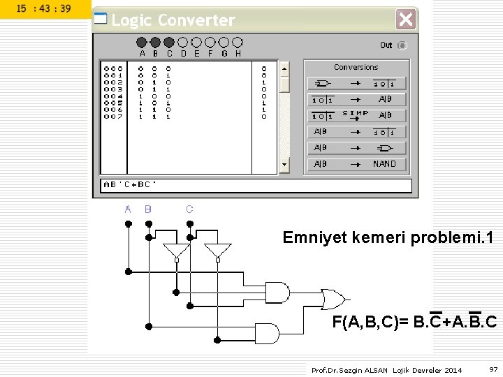 Emniyet kemeri problemi. 1 F(A, B, C)= B. C+A. B. C Prof. Dr. Sezgin Emniyet kemeri problemi. 1 F(A, B, C)= B. C+A. B. C Prof. Dr. Sezgin