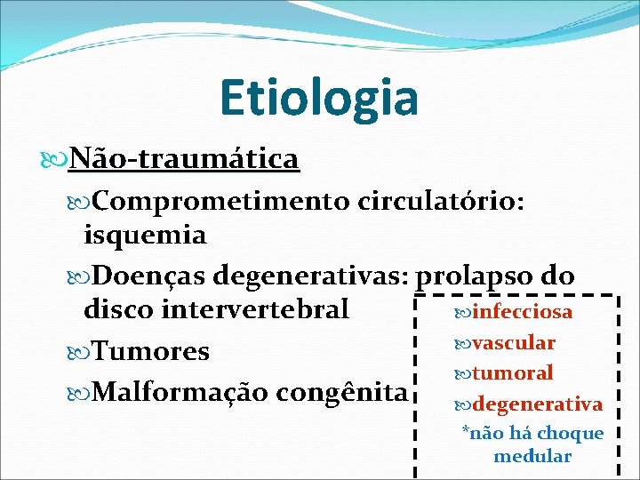 Etiologia Não-traumática Comprometimento circulatório: isquemia Doenças degenerativas: prolapso do infecciosa disco intervertebral vascular Tumores Etiologia Não-traumática Comprometimento circulatório: isquemia Doenças degenerativas: prolapso do infecciosa disco intervertebral vascular Tumores