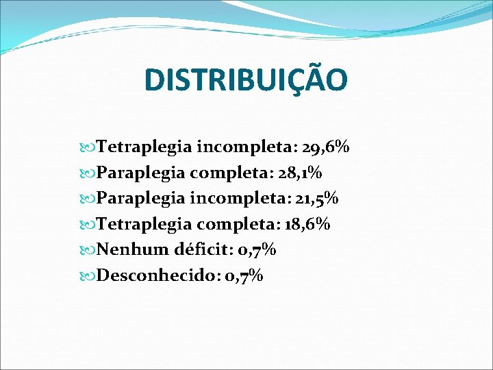 DISTRIBUIÇÃO Tetraplegia incompleta: 29, 6% Paraplegia completa: 28, 1% Paraplegia incompleta: 21, 5% Tetraplegia DISTRIBUIÇÃO Tetraplegia incompleta: 29, 6% Paraplegia completa: 28, 1% Paraplegia incompleta: 21, 5% Tetraplegia