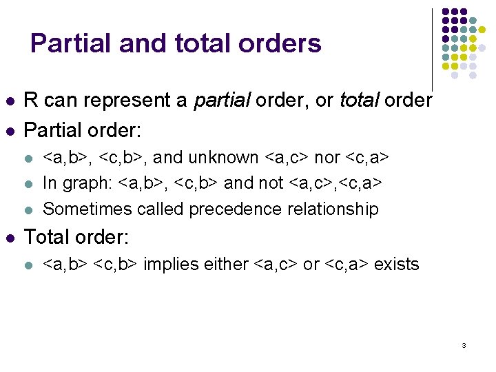 Partial and total orders l l R can represent a partial order, or total