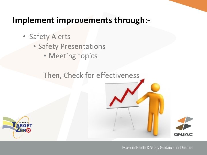 Implement improvements through: • Safety Alerts • Safety Presentations • Meeting topics Then, Check