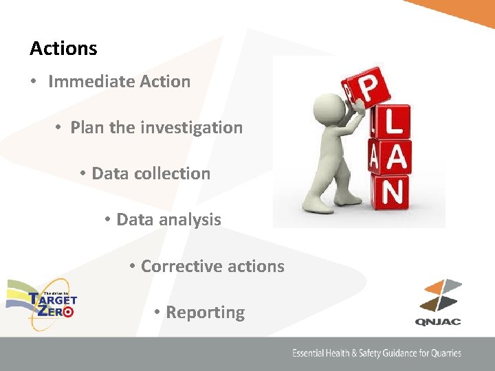 Actions • Immediate Action • Plan the investigation • Data collection • Data analysis