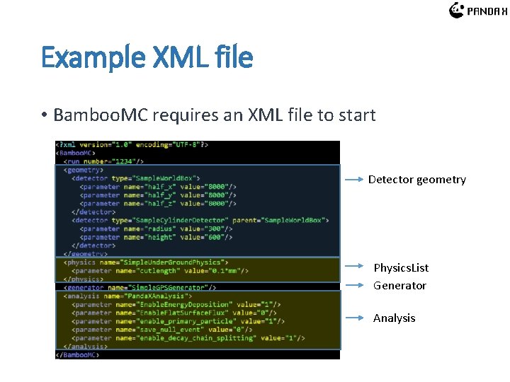Example XML file • Bamboo. MC requires an XML file to start Detector geometry Example XML file • Bamboo. MC requires an XML file to start Detector geometry