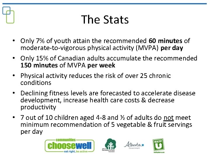 The Stats • Only 7% of youth attain the recommended 60 minutes of moderate-to-vigorous