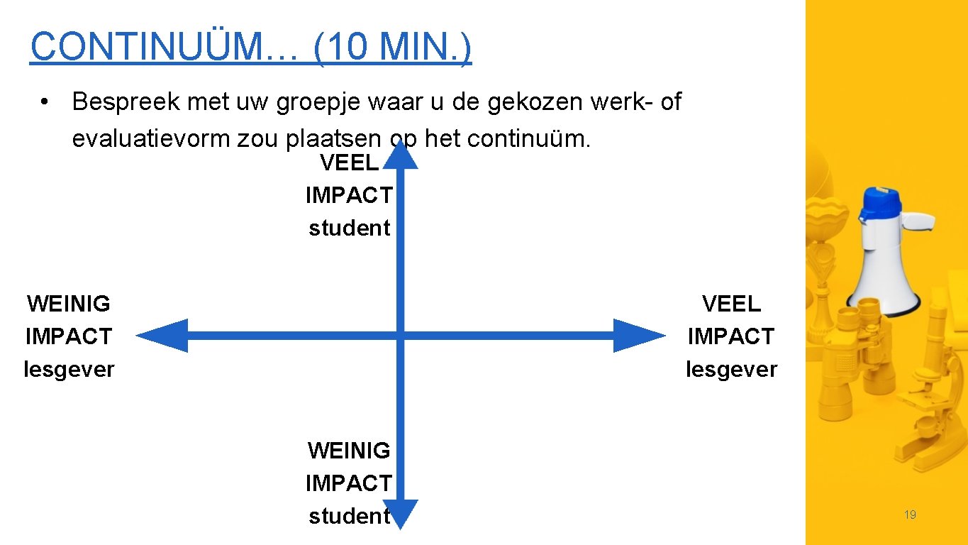 CONTINUÜM… (10 MIN. ) • Bespreek met uw groepje waar u de gekozen werk-