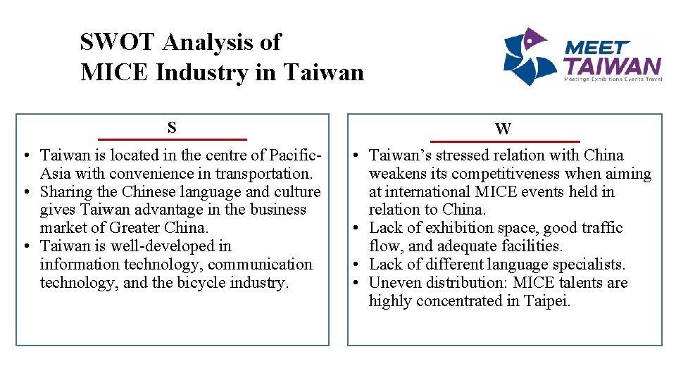 SWOT Analysis of MICE Industry in Taiwan S W • Taiwan is located in