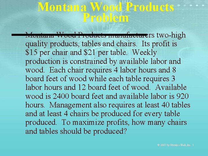 Montana Wood Products Problem Montana Wood Products manufacturers two-high quality products, tables and chairs.