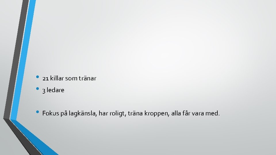  • 21 killar som tränar • 3 ledare • Fokus på lagkänsla, har