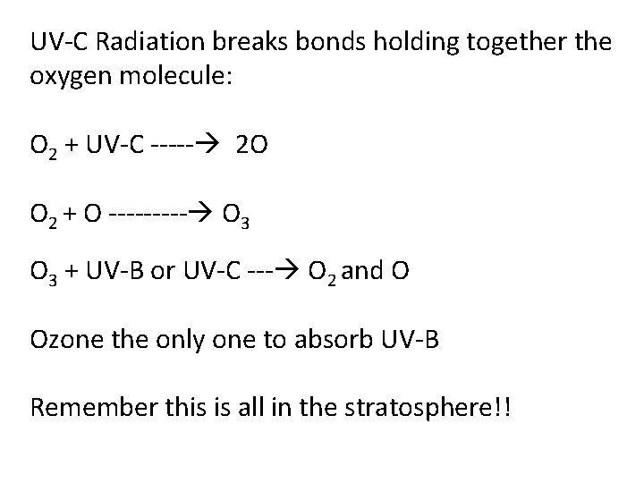 UV-C Radiation breaks bonds holding together the oxygen molecule: O 2 + UV-C -----