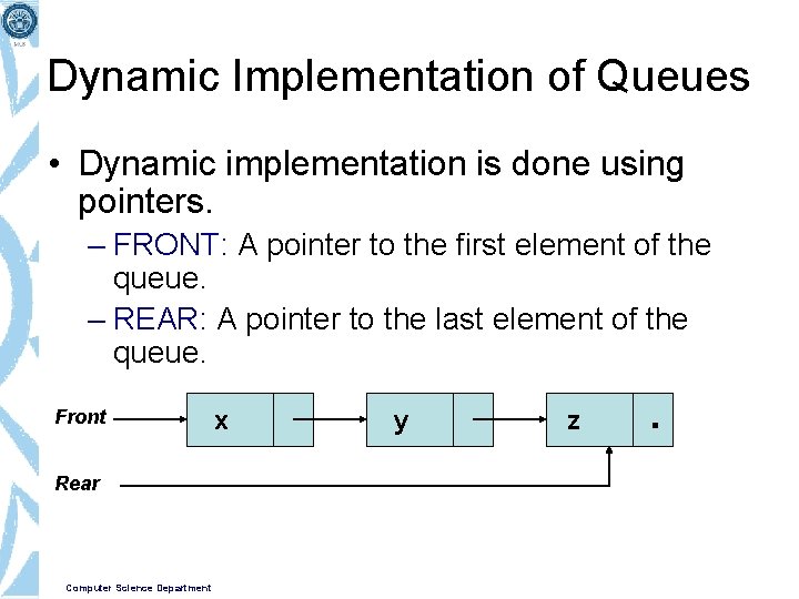 Dynamic Implementation of Queues • Dynamic implementation is done using pointers. – FRONT: A