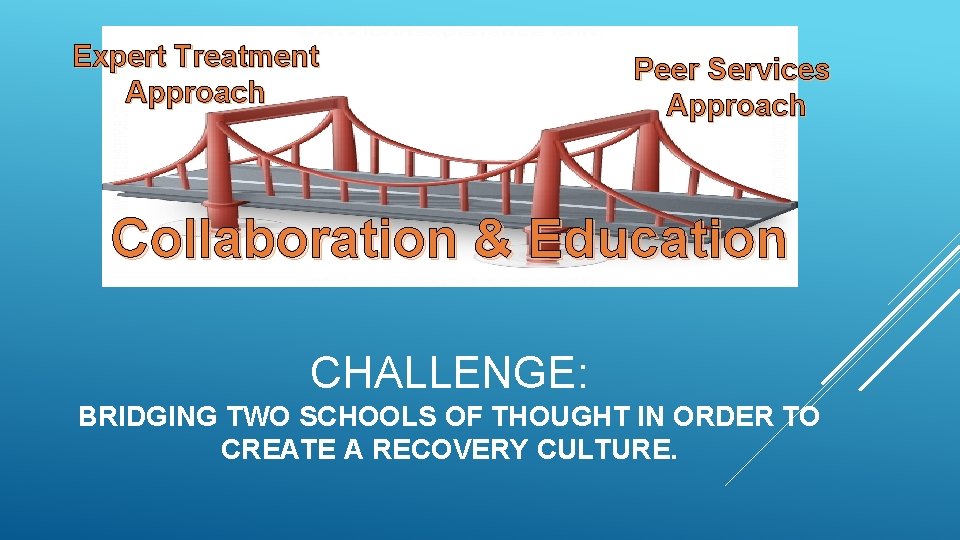 Expert Treatment Approach Peer Services Approach Collaboration & Education CHALLENGE: BRIDGING TWO SCHOOLS OF