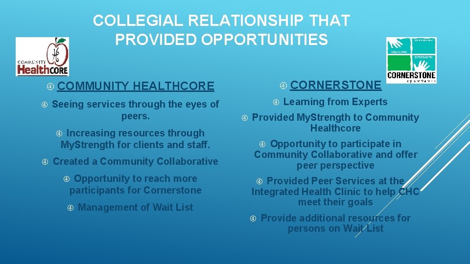 COLLEGIAL RELATIONSHIP THAT PROVIDED OPPORTUNITIES CORNERSTONE COMMUNITY HEALTHCORE Seeing services through the eyes of