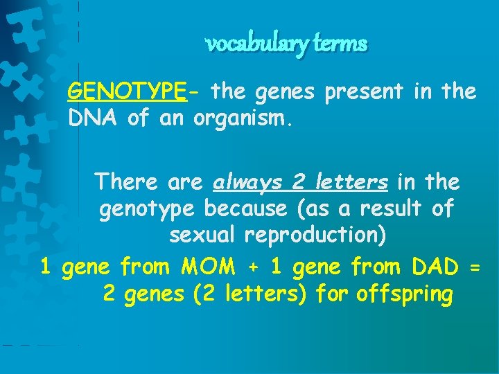 vocabulary terms GENOTYPE- the genes present in the DNA of an organism. There always vocabulary terms GENOTYPE- the genes present in the DNA of an organism. There always