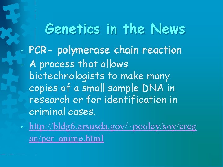 Genetics in the News • • • PCR- polymerase chain reaction A process that Genetics in the News • • • PCR- polymerase chain reaction A process that