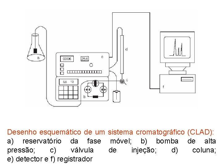Desenho esquemático de um sistema cromatográfico (CLAD): a) reservatório da fase móvel; b) bomba
