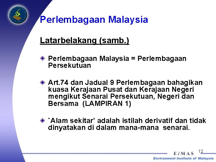 Perlembagaan Malaysia Latarbelakang (samb. ) Perlembagaan Malaysia = Perlembagaan Persekutuan Art. 74 dan Jadual