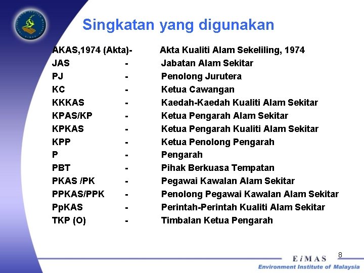 Singkatan yang digunakan AKAS, 1974 (Akta)JAS PJ KC KKKAS KPAS/KP KPKAS KPP P PBT