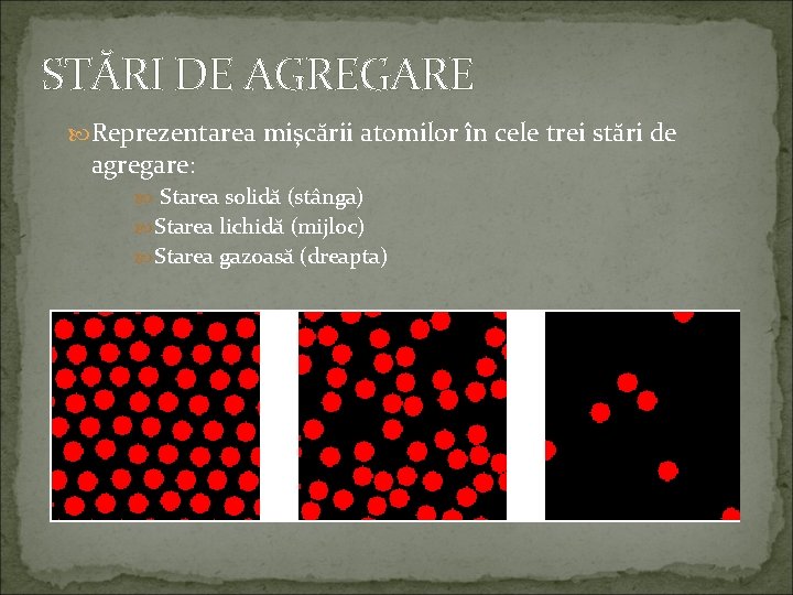 STĂRI DE AGREGARE Reprezentarea mişcării atomilor în cele trei stări de agregare: Starea solidă