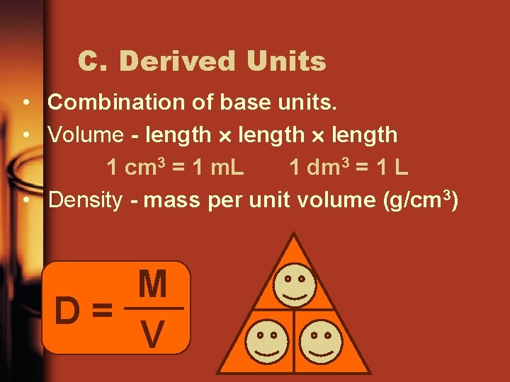 C. Derived Units • Combination of base units. • Volume - length 1 cm