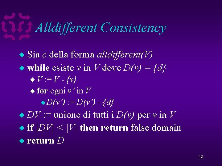 Alldifferent Consistency Sia c della forma alldifferent(V) u while esiste v in V dove