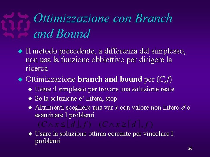 Ottimizzazione con Branch and Bound u u Il metodo precedente, a differenza del simplesso,