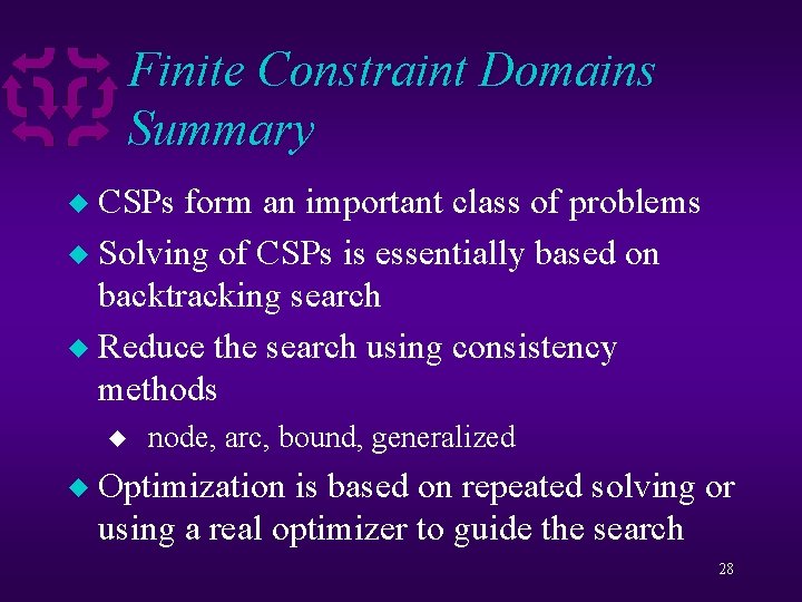 Finite Constraint Domains Summary CSPs form an important class of problems u Solving of