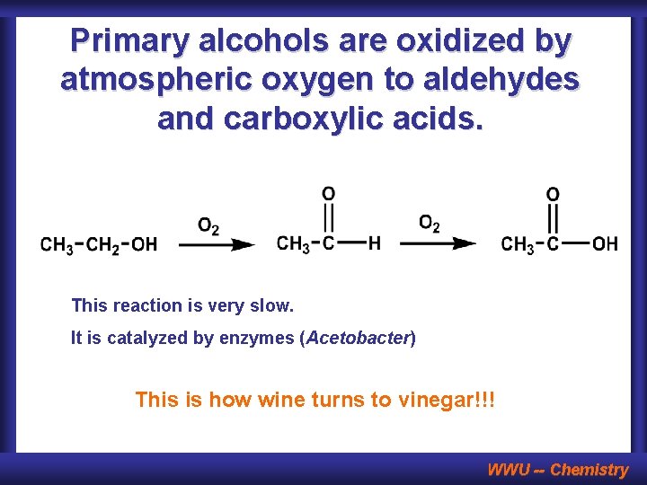 Primary alcohols are oxidized by atmospheric oxygen to aldehydes and carboxylic acids. This reaction