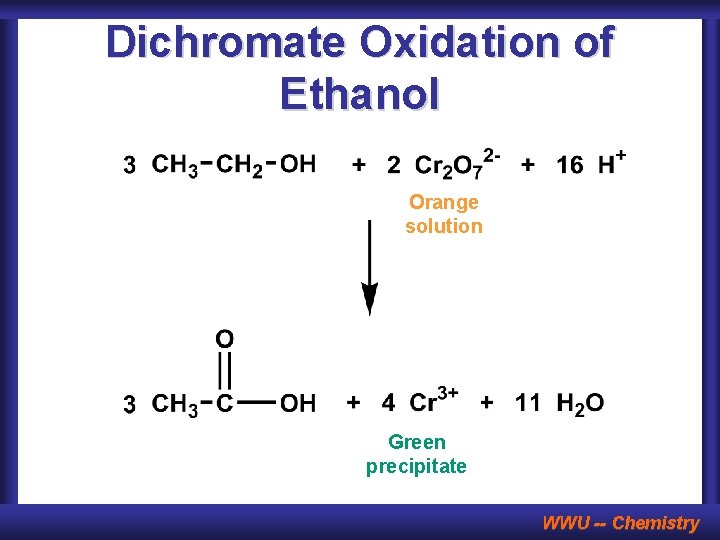 Dichromate Oxidation of Ethanol Orange solution Green precipitate WWU -- Chemistry 