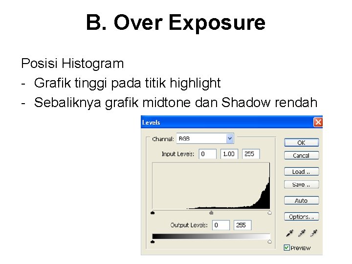 B. Over Exposure Posisi Histogram - Grafik tinggi pada titik highlight - Sebaliknya grafik