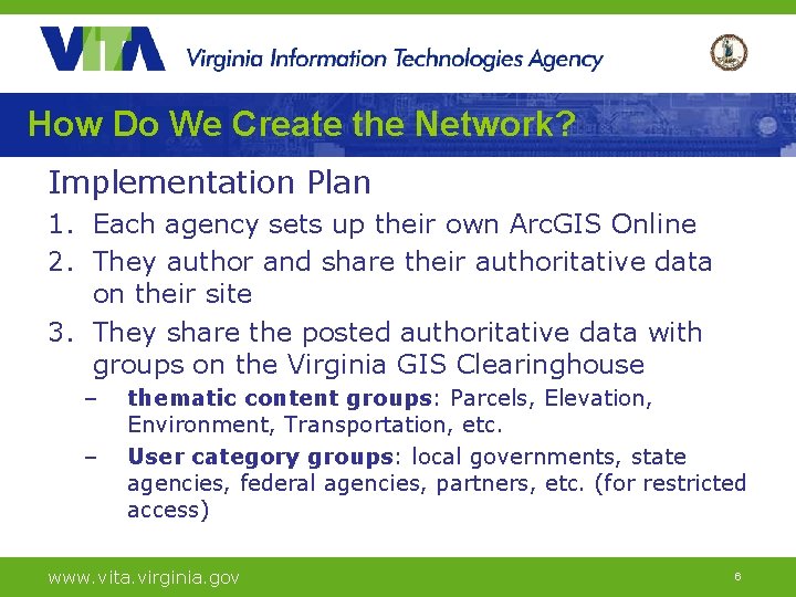 How Do We Create the Network? Implementation Plan 1. Each agency sets up their