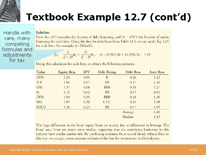 Textbook Example 12. 7 (cont’d) Handle with care, many competing formulas and adjustments for