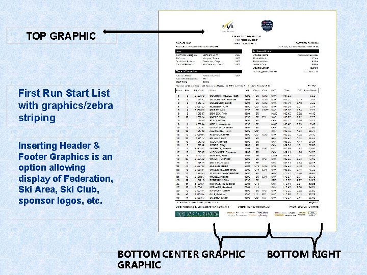 TOP GRAPHIC First Run Start List with graphics/zebra striping Inserting Header & Footer Graphics