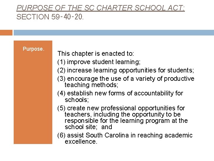 PURPOSE OF THE SC CHARTER SCHOOL ACT: SECTION 59‑ 40‑ 20. Purpose. This chapter