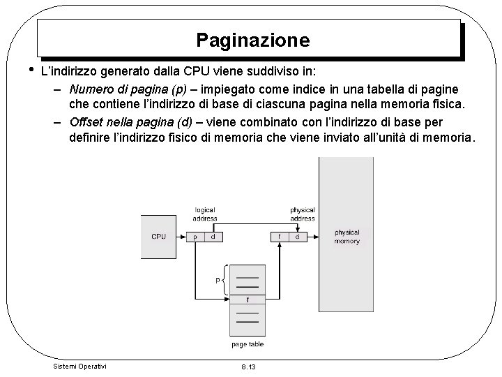 Paginazione • L’indirizzo generato dalla CPU viene suddiviso in: – Numero di pagina (p)