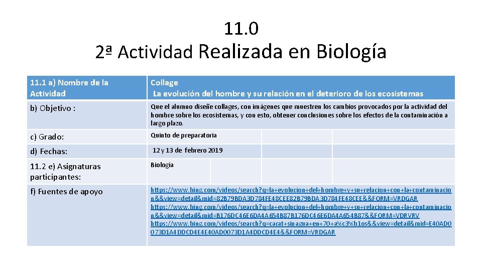 11. 0 2ª Actividad Realizada en Biología 11. 1 a) Nombre de la Actividad