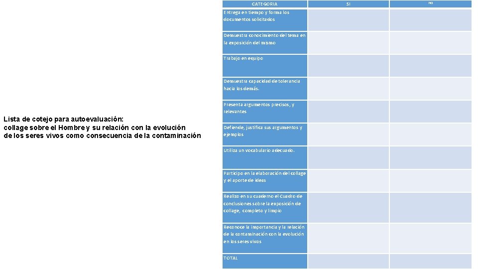 CATEGORIA Demuestra conocimiento del tema en la exposición del mismo Trabajo en equipo Demuestra