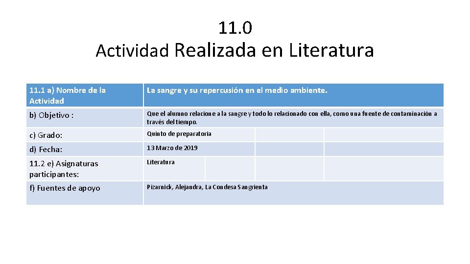 11. 0 Actividad Realizada en Literatura 11. 1 a) Nombre de la Actividad La