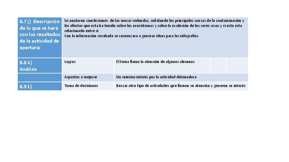 8. 7 j) Descripción de lo que se hará con los resultados de la