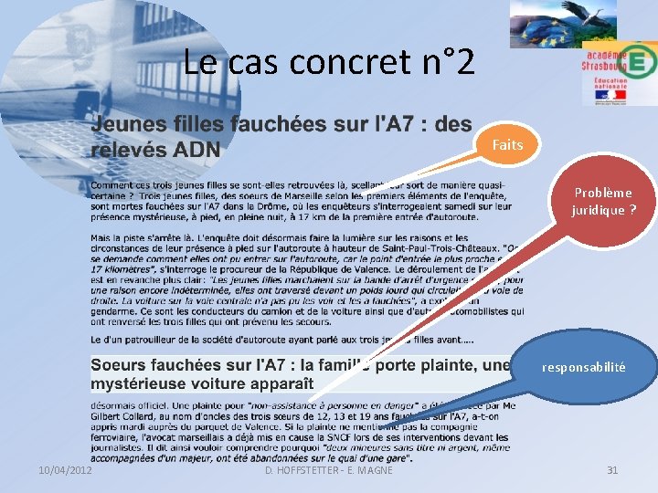 Le cas concret n° 2 Faits Problème juridique ? responsabilité 10/04/2012 D. HOFFSTETTER -