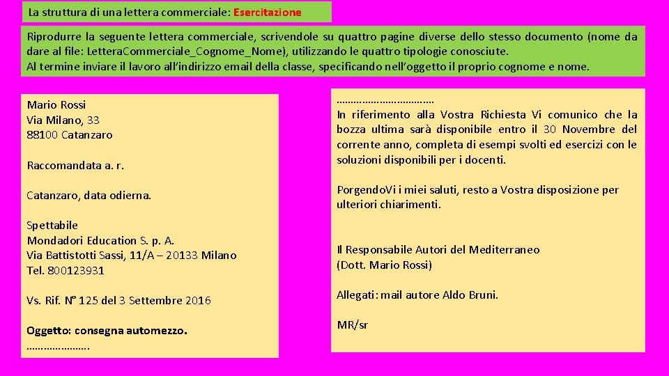 La struttura di una lettera commerciale: Esercitazione Riprodurre la seguente lettera commerciale, scrivendole su