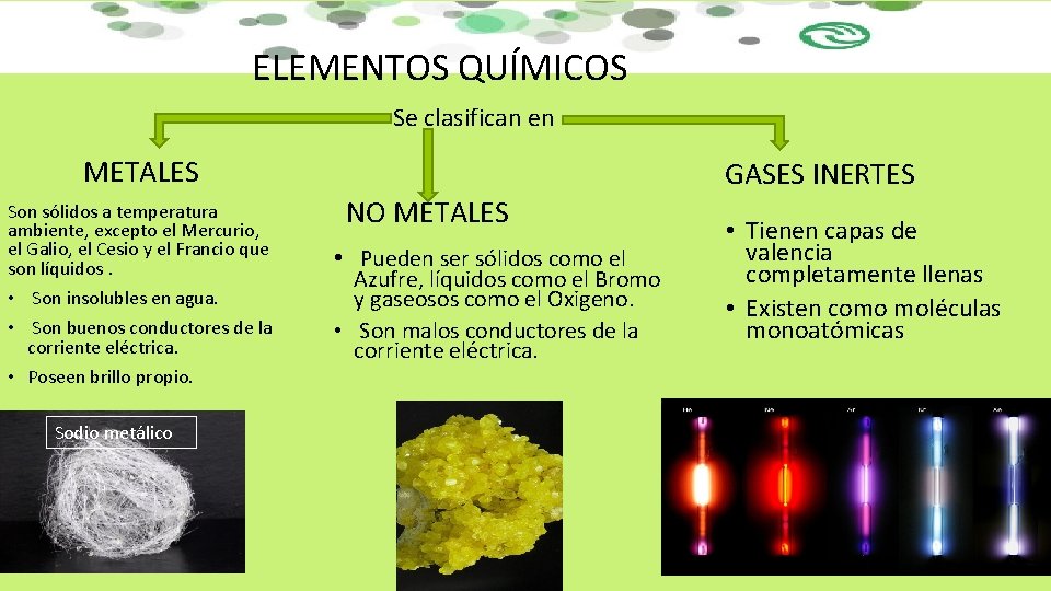 ELEMENTOS QUÍMICOS Se clasifican en METALES Son sólidos a temperatura ambiente, excepto el Mercurio,