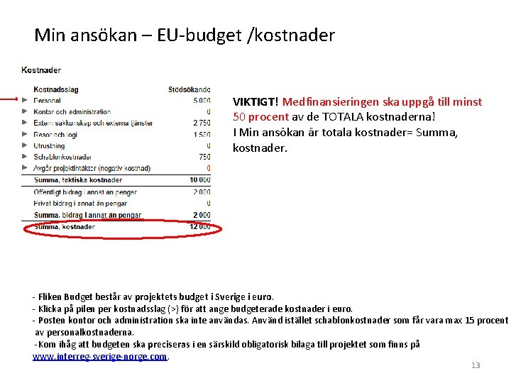  Min ansökan – EU-budget /kostnader VIKTIGT! Medfinansieringen ska uppgå till minst 50 procent