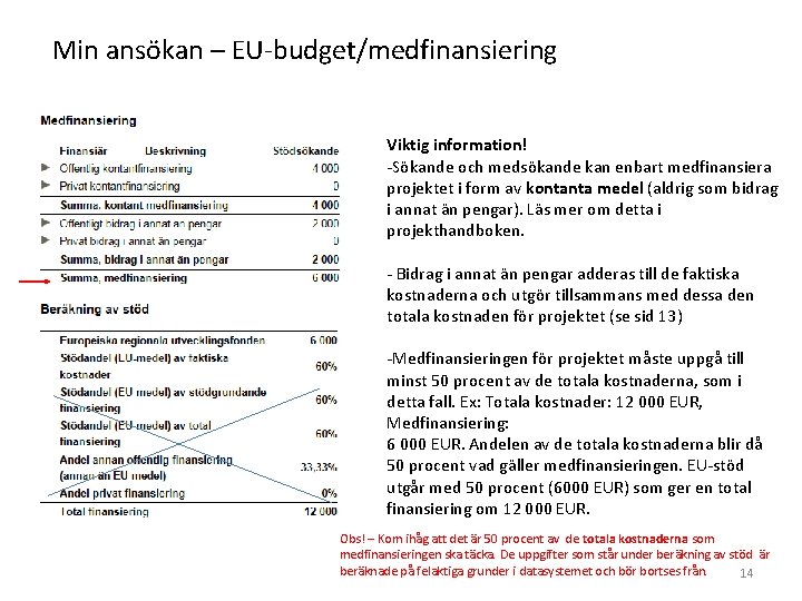  Min ansökan – EU-budget/medfinansiering Viktig information! -Sökande och medsökande kan enbart medfinansiera projektet