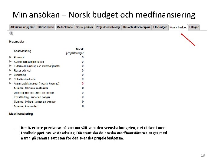 Min ansökan – Norsk budget och medfinansiering - Behöver inte preciseras på samma sätt