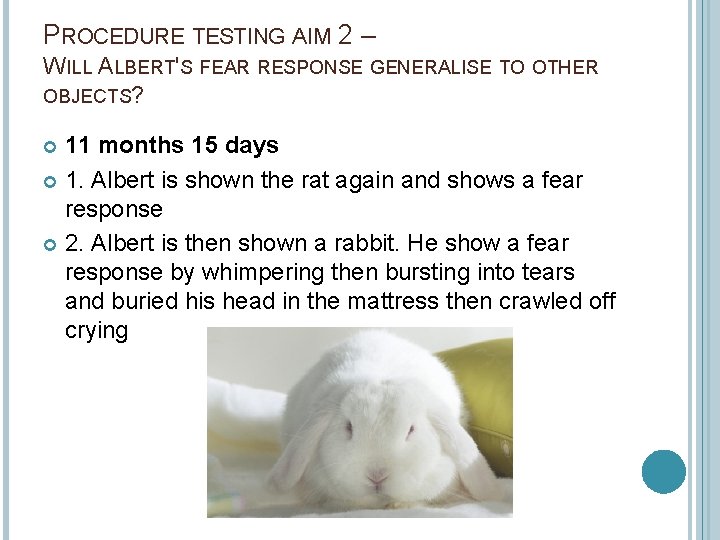 PROCEDURE TESTING AIM 2 – WILL ALBERT'S FEAR RESPONSE GENERALISE TO OTHER OBJECTS? 11